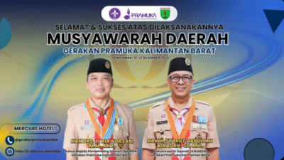 Banner ucapan selamat dan sukses Musyawarah Daerah Gerakan Pramuka Kalimantan Barat 2025 menampilkan foto H. Ria Norsan dan H. Syarief Abdullah Alkadrie. (Dok. HO/Faktakalbar.id)