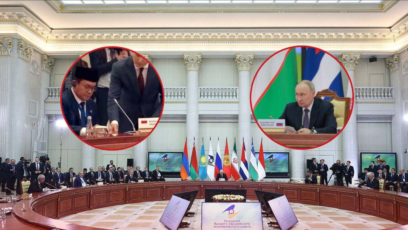 Suasana pertemuan Dewan Ekonomi Eurasia Tertinggi di St. Petersburg, Rusia. (Inset Kiri) Menteri Perdagangan RI Budi Santoso saat menandatangani dokumen FTA. (Inset Kanan) Presiden Rusia Vladimir Putin saat menyaksikan prosesi penandatanganan, Minggu (21/12/2025). (Dok. HO/Faktakalbar.id)
