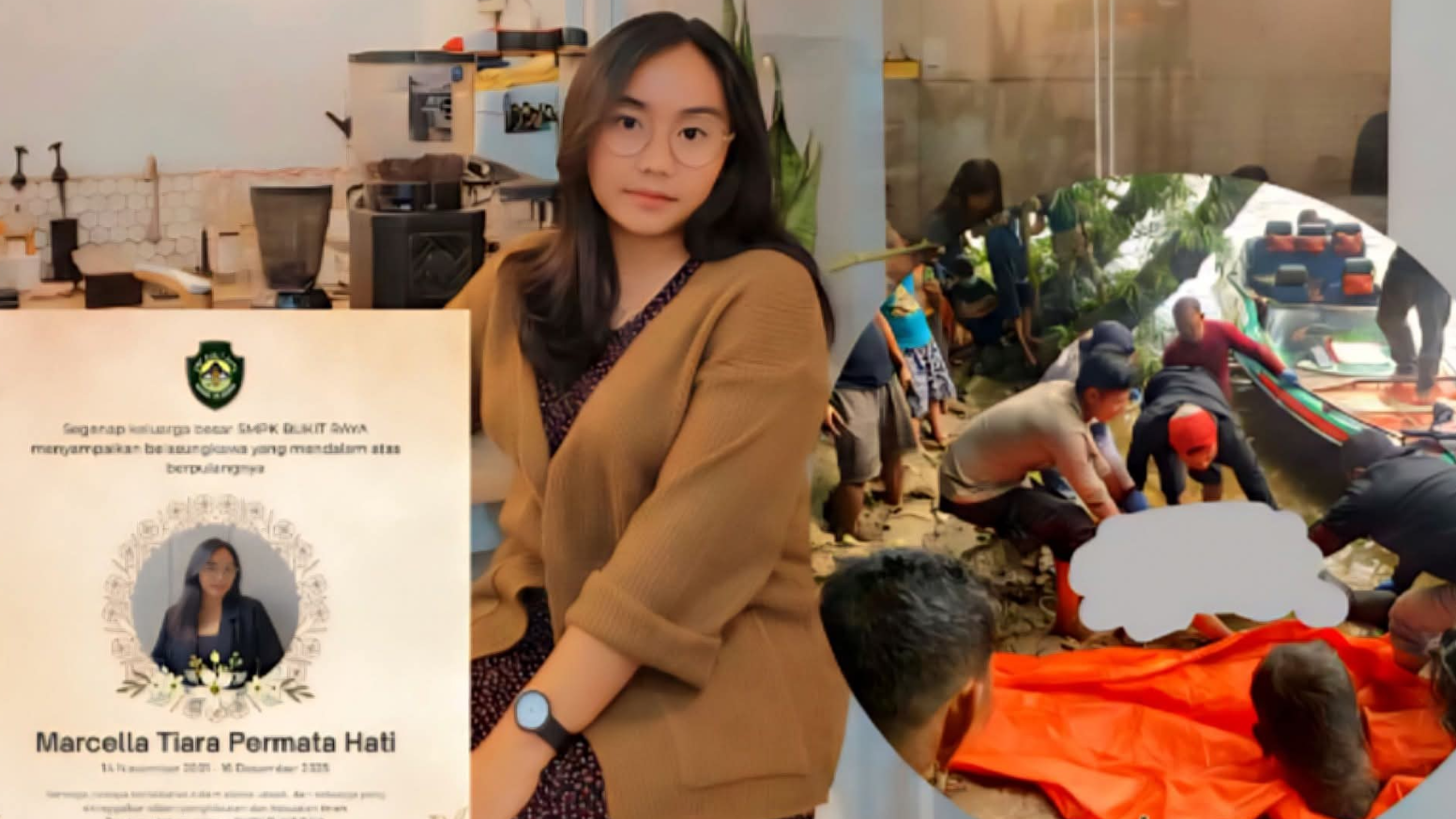 Kolase foto mendiang Marcella Tiara Permata Hati (kiri) dan proses evakuasi jenazah oleh warga dan kepolisian di tepian Sungai Melawi, Sintang, Kamis (18/12/2025). (Dok. Ist)