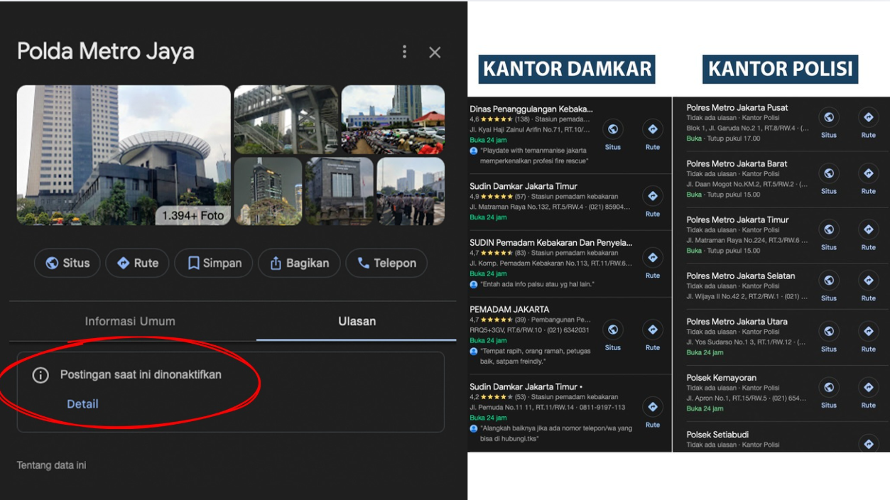 Perbandingan tampilan laman Google Maps antara kantor polisi yang kolom ulasannya dinonaktifkan (kiri) dan kantor Damkar yang terbuka untuk ulasan publik dengan rating tinggi (kanan). (Dok. Ist)