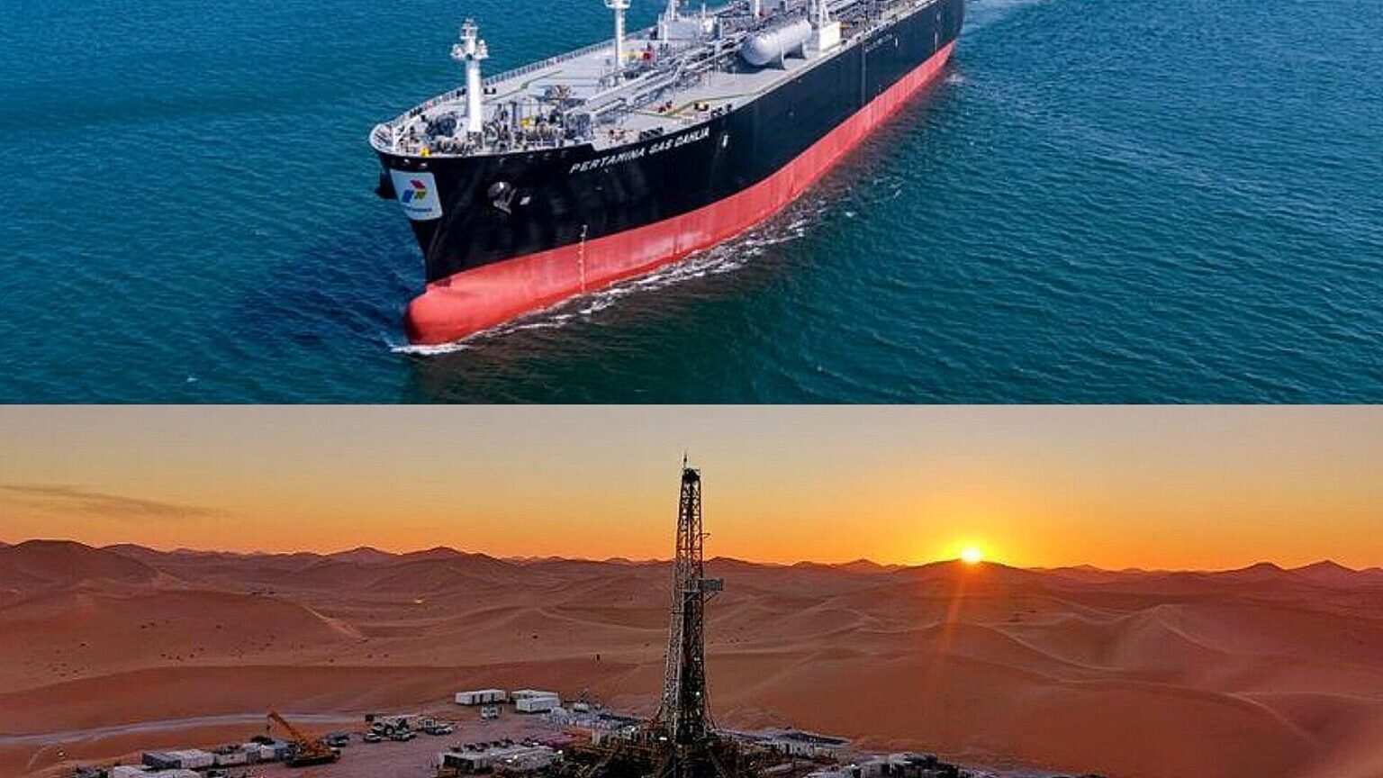 (Atas) Kapal tanker Pertamina Gas Dahlia saat berlayar membawa muatan migas. (Bawah) Fasilitas produksi minyak bumi di Blok 405A, gurun pasir Aljazair. Pertamina sukses membawa pulang 1 juta barel minyak mentah ke Indonesia, Rabu (24/12/2025). (Dok. ISt)