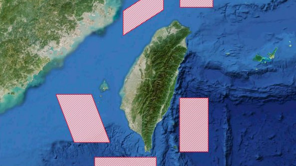 Peta sebaran lima zona latihan militer "Misi Keadilan 2025" yang digelar Tentara Pembebasan Rakyat (PLA) China, mengepung wilayah perairan di sekeliling Pulau Taiwan, Senin (29/12/2025). (Dok. Ist)