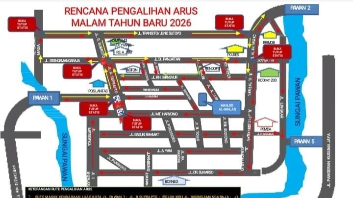 Peta rencana rekayasa pengalihan arus lalu lintas yang dirilis Satlantas Polres Ketapang untuk malam pergantian tahun baru 2026. (Dok. HO/Faktakalbar.id)