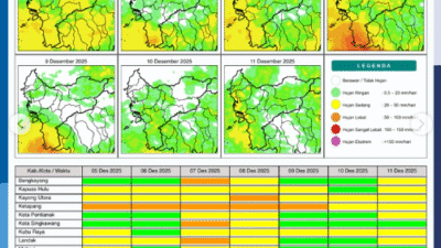 Grafik potensi hujan harian di wilayah Kalimantan Barat periode 5-11 Desember 2025. Untuk Jumat (5/12), Kabupaten Ketapang diprediksi mengalami hujan lebat.
