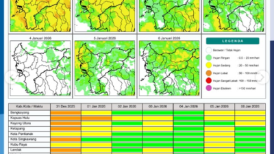 Peta sebaran potensi hujan harian di wilayah Kalimantan Barat Rabu, (31/12/2025). (Dok. BMKG Kalbar)