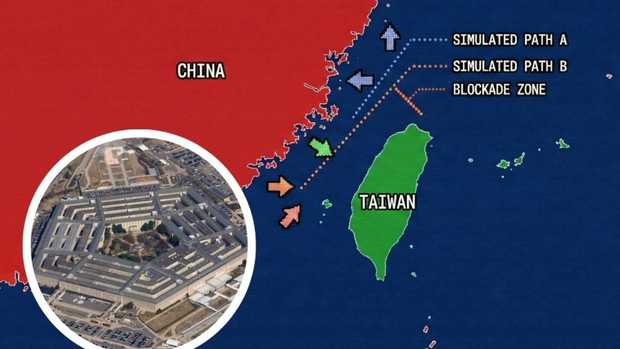 Grafis simulasi jalur blokade militer dan rencana invasi China terhadap Taiwan yang dipantau oleh Pentagon (inset), sebagaimana tercantum dalam draf laporan pertahanan AS terbaru. (Dok. Ist)