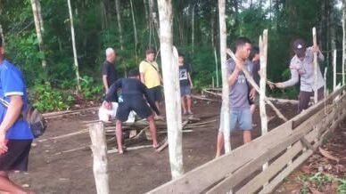 Personel Polsek Semitau bersama tokoh adat saat melakukan pembongkaran dan pembakaran material arena sabung ayam di Desa Sekedau, Senin (22/12/2025).