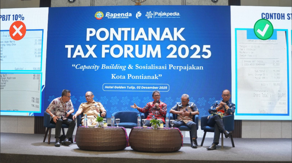 Suasana diskusi panel Pontianak Tax Forum 2025 yang membahas tata cara pemungutan pajak barang dan jasa tertentu di Hotel Golden Tulip. (Dok. HO/Faktakalbar.id)