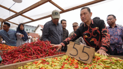 Gubernur Ria Norsan mengenakan kemeja batik motif burung enggang sedang memegang cabai rawit di lapak pedagang pasar tradisional didampingi pejabat daerah. (Dok. HO/Faktakalbar.id)