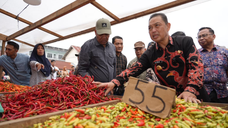 Gubernur Ria Norsan mengenakan kemeja batik motif burung enggang sedang memegang cabai rawit di lapak pedagang pasar tradisional didampingi pejabat daerah. (Dok. HO/Faktakalbar.id)