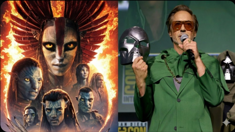 Kolase poster film Avatar Fire and Ash menampilkan karakter Na'vi dan foto Robert Downey Jr memegang topeng Doctor Doom di panggung Comic Con. (Dok. Kolase/Faktakalbar.id)