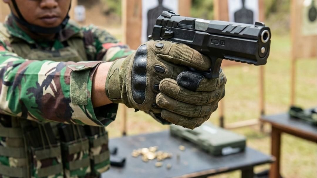 Personel militer sedang menguji keandalan Pistol Armo, senjata genggam berbahan polimer pertama buatan PT Pindad yang dirancang tahan di kondisi ekstrem. (Dok. Ist)