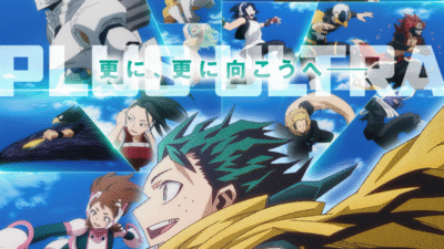 karakter My Hero Academia seperti Deku, Bakugo, Uraraka, dan Todoroki berlari bersama dengan latar langit biru dan tulisan besar PLUS ULTRA. (Dok. Ist)
