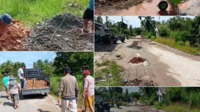 Kolase aksi warga Tanjung Berkat Mempawah bergotong royong menambal jalan rusak Gst Ibrahim Safiudin menggunakan dana swadaya masyarakat. (Dok. Ist)