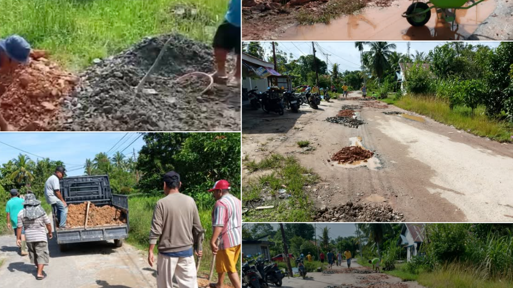 Kolase aksi warga Tanjung Berkat Mempawah bergotong royong menambal jalan rusak Gst Ibrahim Safiudin menggunakan dana swadaya masyarakat. (Dok. Ist)