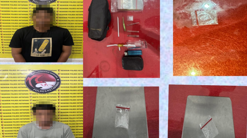 Dua tersangka berinisial Y (55) dan H (46) yang ditangkap di Kecamatan Delta Pawan tampak di sisi kiri, sementara di sisi kanan diperlihatkan sejumlah barang bukti sitaan berupa paket sabu, dan perlengkapan lainnya yang berhasil diamankan oleh Satresnarkoba Polres Ketapang.