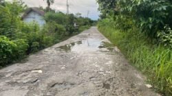 "Visual Jalan Sungai Putih Sintang memprihatinkan: beton terkelupas dan penuh kubangan air. Warga kecewa perbaikan fisik baru sebatas usulan Musrenbang 2026."