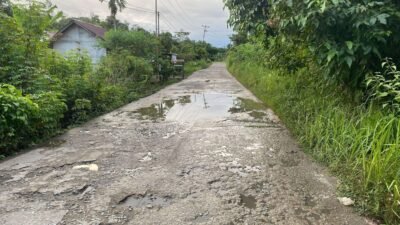 "Visual Jalan Sungai Putih Sintang memprihatinkan: beton terkelupas dan penuh kubangan air. Warga kecewa perbaikan fisik baru sebatas usulan Musrenbang 2026."