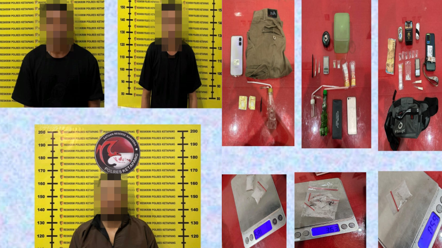 Tiga terduga pelaku penyalahgunaan narkoba beserta sejumlah barang bukti sabu dan ekstasi saat diamankan petugas di Mapolres Ketapang.