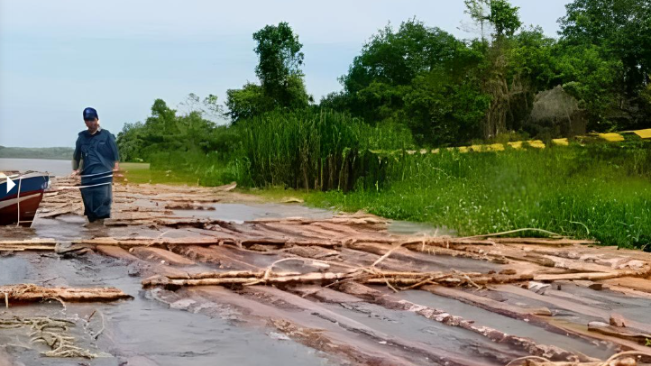 Tumpukan kayu bulat tanpa dokumen yang diamankan di perairan Sungai Pawan, Kabupaten Ketapang, Sabtu (17/1).