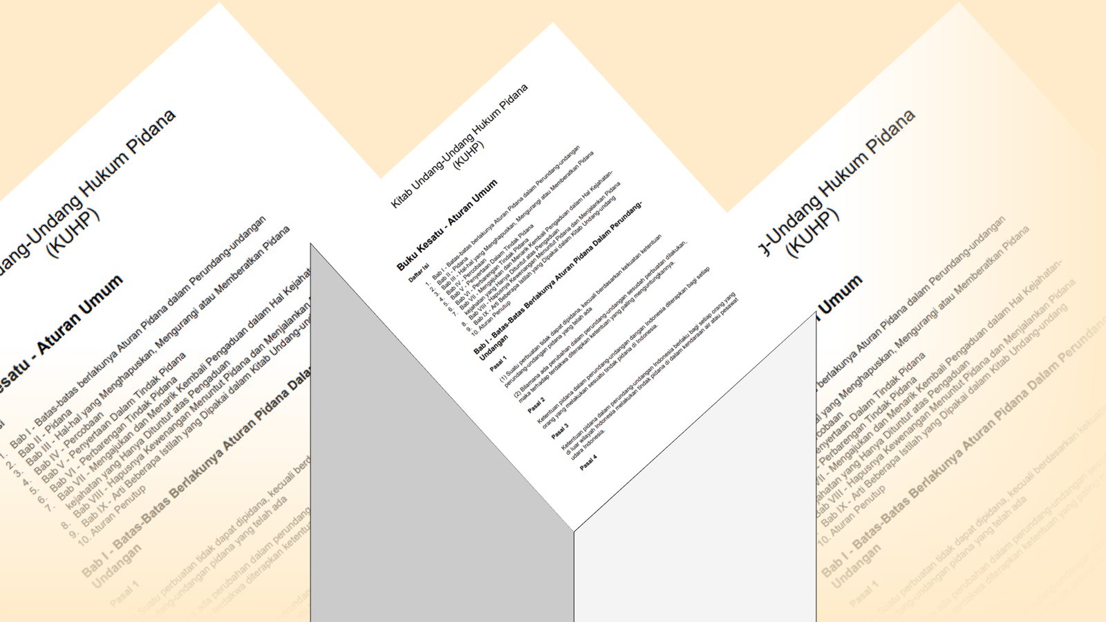 Ilustrasi tumpukan buku dokumen salinan Kitab Undang-Undang Hukum Pidana (KUHP) dengan latar belakang warna krem. (Dok. Ilustrasi/Faktakalbar.id)