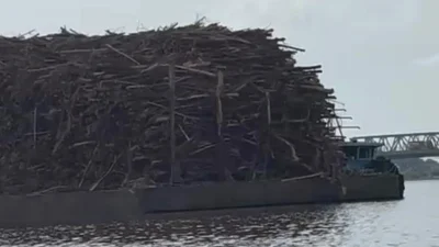 "BREAKING NEWS: Tongkang bermuatan kayu akasia tersangkut di bawah Jembatan Tol Landak. Polairud Polda Kalbar amankan kapal, PUPR cek kondisi jembatan."
