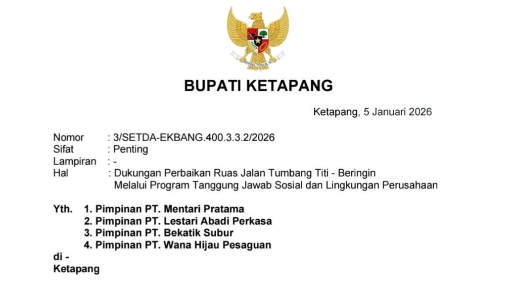 Tangkapan layar surat resmi Bupati Ketapang Alexander Wilyo tertanggal 5 Januari 2026 yang berisi permohonan dukungan perbaikan ruas jalan Tumbang Titi - Beringin kepada empat pimpinan perusahaan. (Dok. HO/Faktakalbar.id)