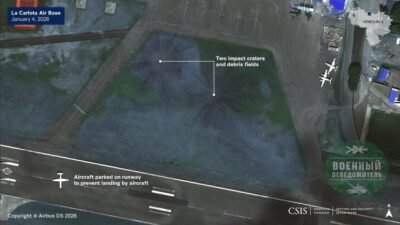 Citra satelit Airbus DS 2026 memperlihatkan dua kawah dampak serangan udara AS di Pangkalan Udara La Carlota, Venezuela, di mana sistem pertahanan udara Buk-M2E dan ZU-23-2 telah dipindahkan sebelum serangan. (Dok. Ist)