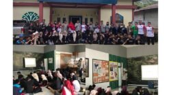 Foto bersama siswa dan guru SMPN 04 Simpang Hilir di depan Balai Taman Nasional Gunung Palung serta suasana pemberian materi konservasi di dalam ruangan. (Dok. Instagram/@yayasan_palung)