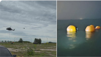 (Kiri) Helikopter Super Lynx TLDM saat melakukan manuver udara sebelum insiden. (Kanan) Pelampung darurat helikopter terlihat mengapung di perairan Pantai Klebang, Melaka, usai pendaratan darurat, Rabu (1/1) malam. (Dok. Ist)