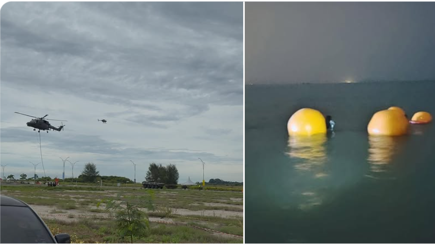 (Kiri) Helikopter Super Lynx TLDM saat melakukan manuver udara sebelum insiden. (Kanan) Pelampung darurat helikopter terlihat mengapung di perairan Pantai Klebang, Melaka, usai pendaratan darurat, Rabu (1/1) malam. (Dok. Ist)