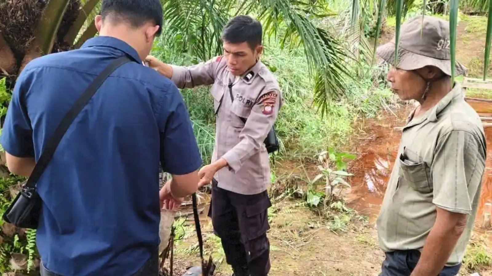 Personel kepolisian saat melakukan olah Tempat Kejadian Perkara (TKP) di lokasi tewasnya Antonius Toni di area perkebunan sawit, Kecamatan Batang Lupar, Kapuas Hulu. Korban tewas akibat luka tembak usai terlibat cekcok lahan berburu, Rabu (31/12/2025). (Dok. HO/Faktakalbar.id)