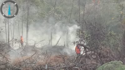 Tim gabungan dari Polsek Nanga Pinoh dan BPBD Kabupaten Melawi saat melakukan upaya pemadaman api di lokasi titik panas Jalan Provinsi Nanga Pinoh–Kota Baru Km 13, Selasa (20/1).