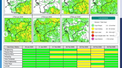 Peta grafik prakiraan cuaca Kalimantan Barat yang diterbitkan BMKG menunjukkan sebaran potensi hujan ringan