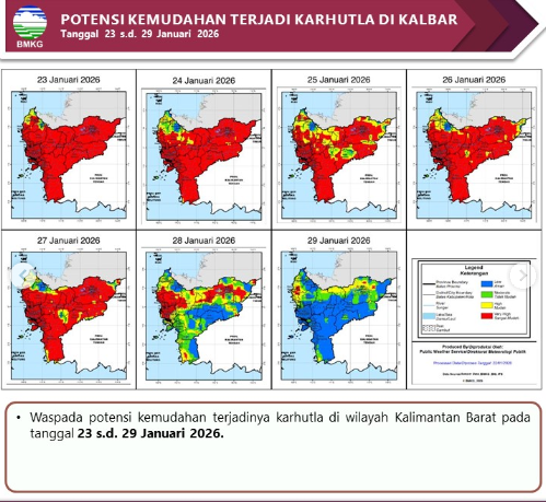 Infografis BMKG menunjukkan peta sebaran potensi kemudahan terjadinya kebakaran hutan dan lahan (Karhutla) di Kalimantan Barat periode 23-29 Januari 2026, yang didominasi warna merah atau kategori sangat mudah terbakar.