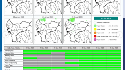 Infografis potensi hujan harian di wilayah Kalimantan Barat periode 19-25 Januari 2026