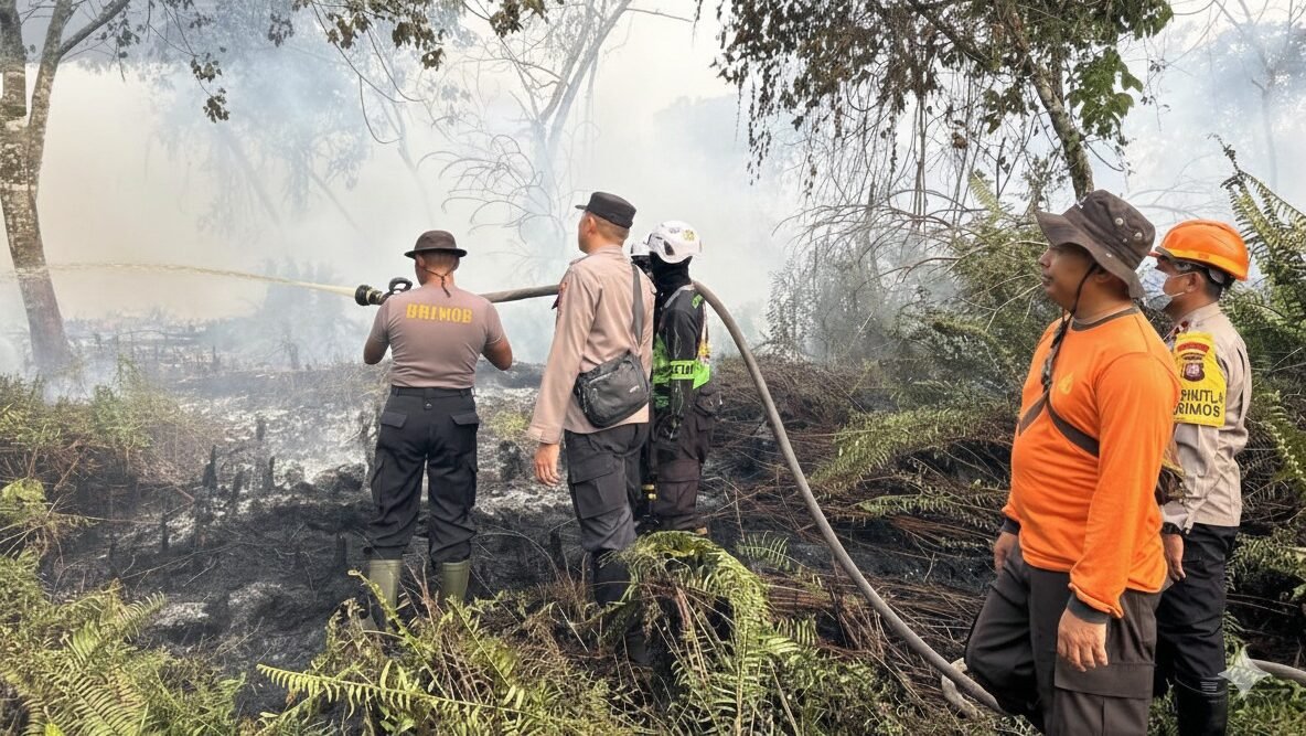 Personel Tim Siaga Karhutla Polres Kubu Raya saat melakukan upaya pendinginan di lokasi kebakaran lahan untuk mencegah meluasnya kabut asap, Kamis (22/1).