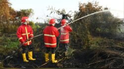 Personel Satgas Karhutla Kodaeral XII mengenakan seragam pemadam lengkap sedang menyemprotkan air untuk memadamkan api yang membakar lahan semak belukar. (Dok. HO/Faktakalbar.id)