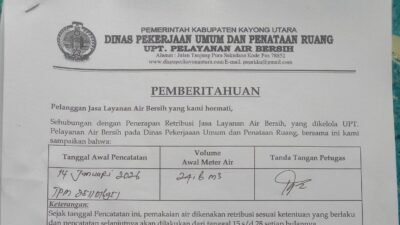 Surat Pemberitahuan Penerapan Retribusi Jasa Layanan Air Bersih dari Dinas PUPR Kabupaten Kayong Utara. (Dok. HO/Faktakalbar.id)