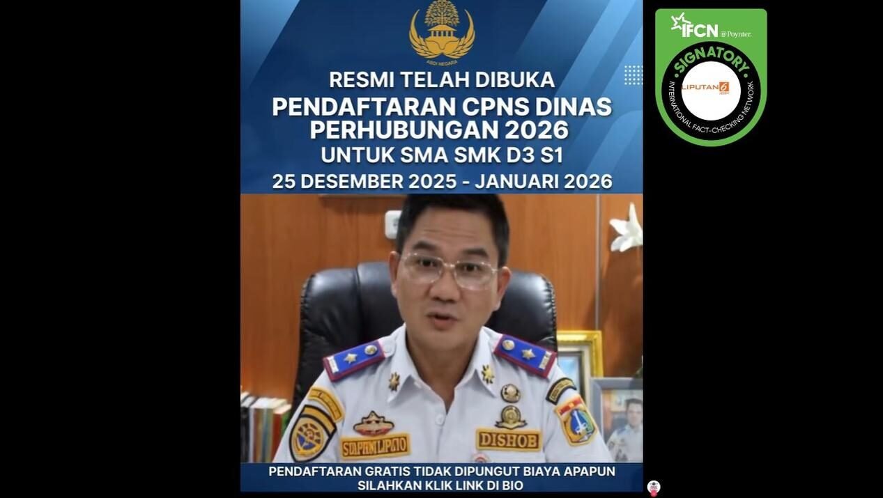 Tangkapan layar unggahan hoaks di media sosial TikTok yang mengklaim pembukaan pendaftaran CPNS Dinas Perhubungan tahun 2026.