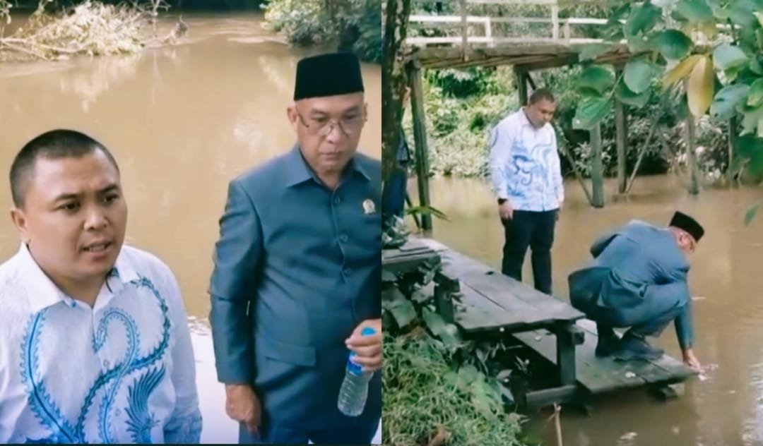 Wakil Ketua II DPRD Sanggau, Roby Sugianto, saat meninjau langsung kondisi air Sungai Sekayuk yang diduga tercemar limbah sawit, Kamis (8/1).