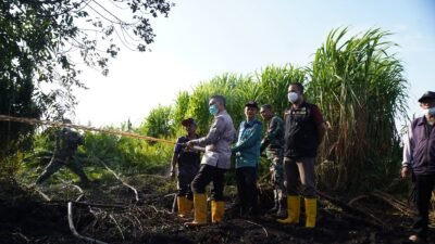 Wali Kota Pontianak, Edi Rusdi Kamtono, turut memegang selang air membantu petugas pemadam kebakaran memadamkan api di lahan gambut Jalan Sungai Selamat Dalam Ujung. (Dok. HO/Faktakalbar.id)