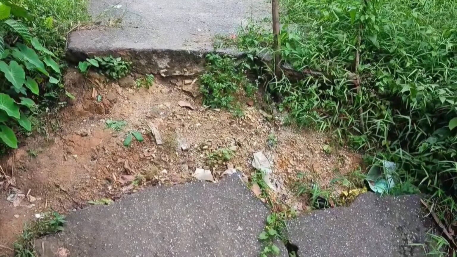 Kondisi jalan rabat beton yang patah dan amblas parah di kawasan bersemak, ditandai dengan tiang kayu dan kantong plastik merah sebagai rambu peringatan darurat. (Dok. Ist)