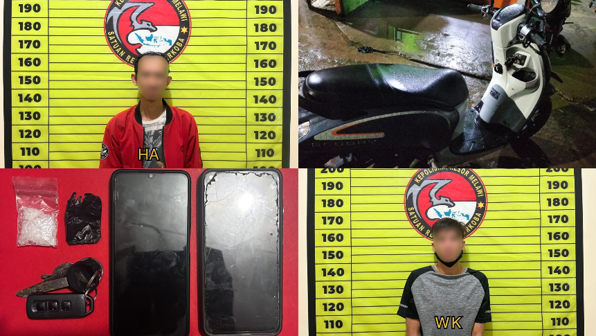 Dua tersangka tindak pidana narkotika berinisial WK dan HA beserta barang bukti 4,81 gram sabu, telepon seluler, serta sepeda motor hasil operasi penangkapan di Desa Pall, Senin