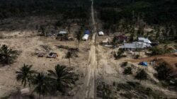 Foto udara Dusun Ranto Panyang Rubek yang dampak banjir bandang di Desa Sijudo, Pante Bidari, Aceh Timur, Aceh, Sabtu (21/2/2026).