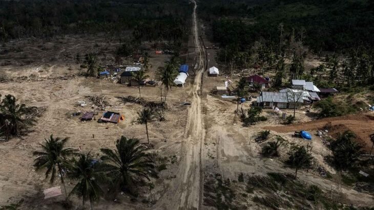 Foto udara Dusun Ranto Panyang Rubek yang dampak banjir bandang di Desa Sijudo, Pante Bidari, Aceh Timur, Aceh, Sabtu (21/2/2026).