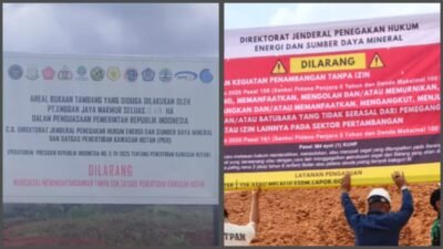 Petugas dari Direktorat Jenderal Gakkum Kementerian ESDM saat memasang plang penyegelan di area tambang yang diduga terafiliasi dengan jaringan AS sebagai bagian dari upaya penertiban di Kalimantan Barat.
