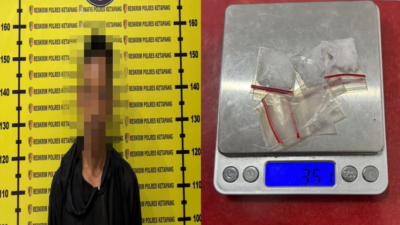 Pria berinisial AI (47) saat diamankan petugas Satresnarkoba Polres Ketapang bersama barang bukti sabu seberat 3,51 gram di sebuah lahan perkebunan di Kecamatan Air Upas, Kamis (12/2/2026).