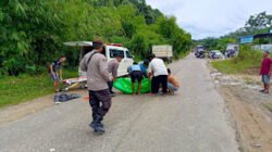 Proses evakuasi korban kecelakaan lalu lintas yang melibatkan sepeda motor dan truk di Jalan Semuntai-Sanggau, Kecamatan Mukok, Sabtu (21/2/2026). (Dok. Polres Sanggau)