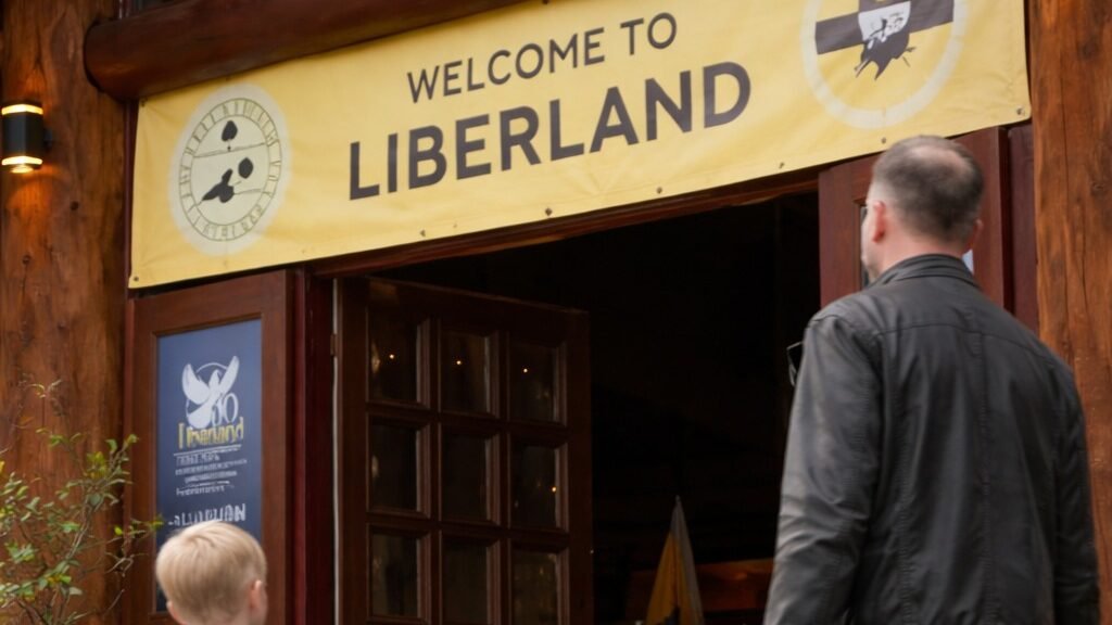 Ilustrasi - Seorang pria membawa koper dan seorang anak kecil berjalan memasuki bangunan kayu dengan spanduk bertuliskan "Welcome to Liberland". (Dok. Ist)